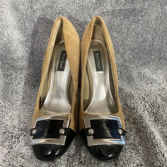 White House Black Market Women’s Theo Camel Tan Suede Color Block Heel Size 7M - Picture 5 of 8